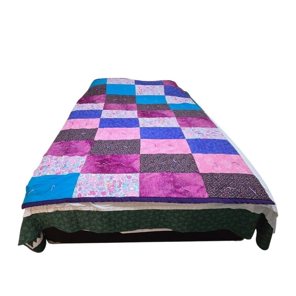 Handmade Patchwork Quilt Queen Cozy Pink Blue Purple Cozy Throw Blanket /0193‎